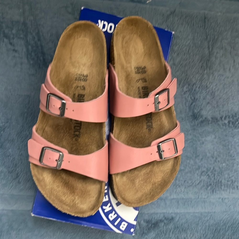Birkenstock Pink Sandals with Adjustable Straps and Cork Footbed